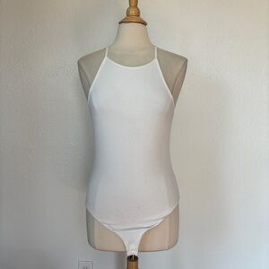 Elodie Cotton Blend Solid White Ribbed  Halter-Style Bodysuit